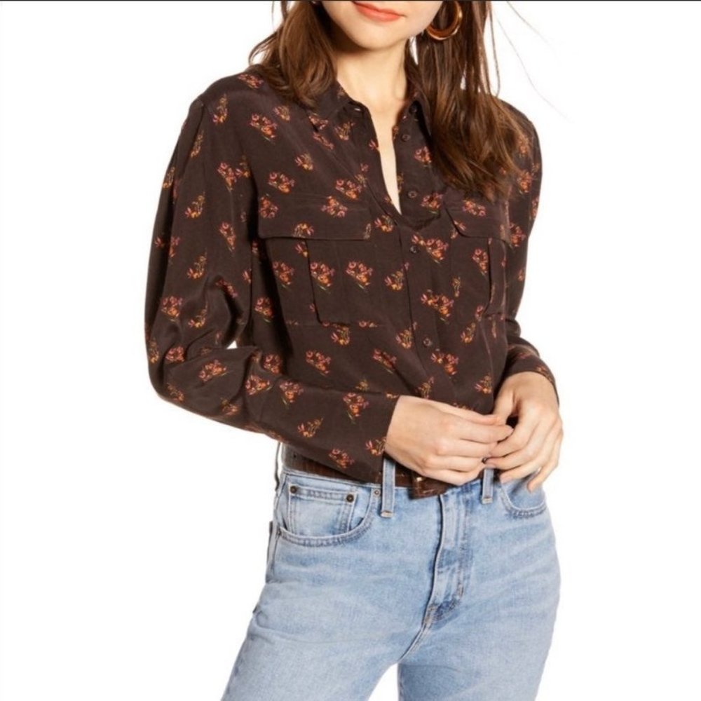 NEW Something Navy brown floral utility blouse